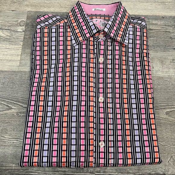 Bugatchi Shaped Fit Men’s Button Up LS Shirt Flip Cuff Window Pane Plaid - Picture 4 of 9